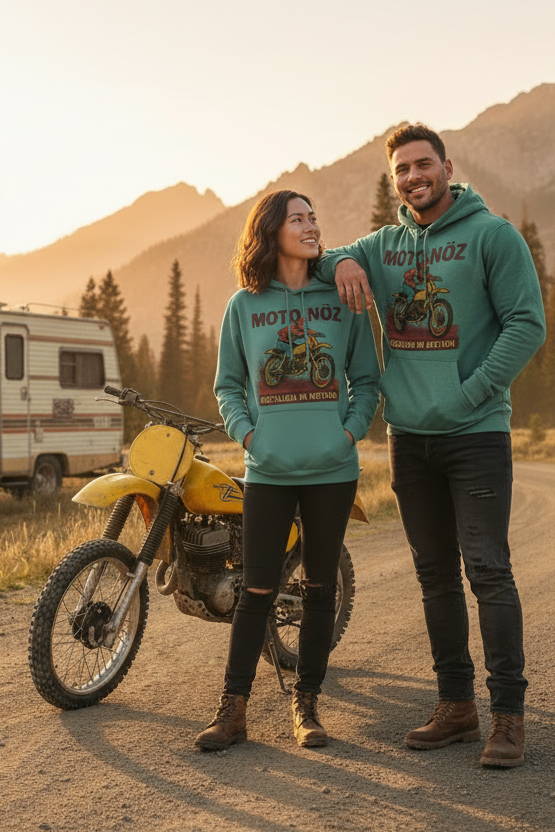 Asian female and dark-skinned male models with RV and dirt bike