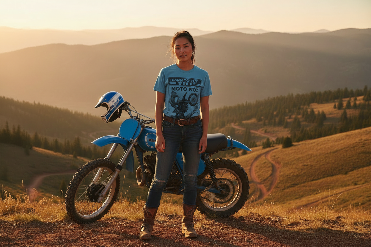 Asian female model with retro blue dirt bike