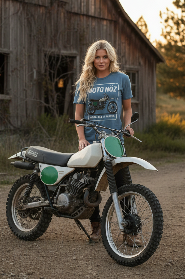 Blonde female model outdoor with white retro dirt bike