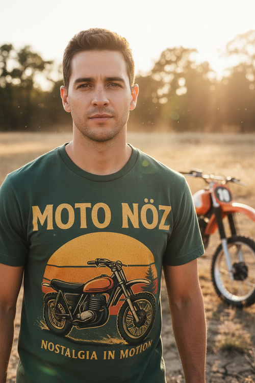 Close-up of male model wearing Golden Hour Moto Tee