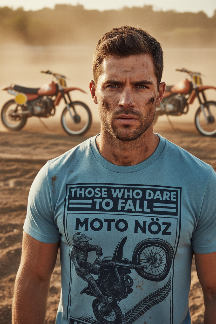Close-up of rugged male model in Learn to Fly tee outdoors