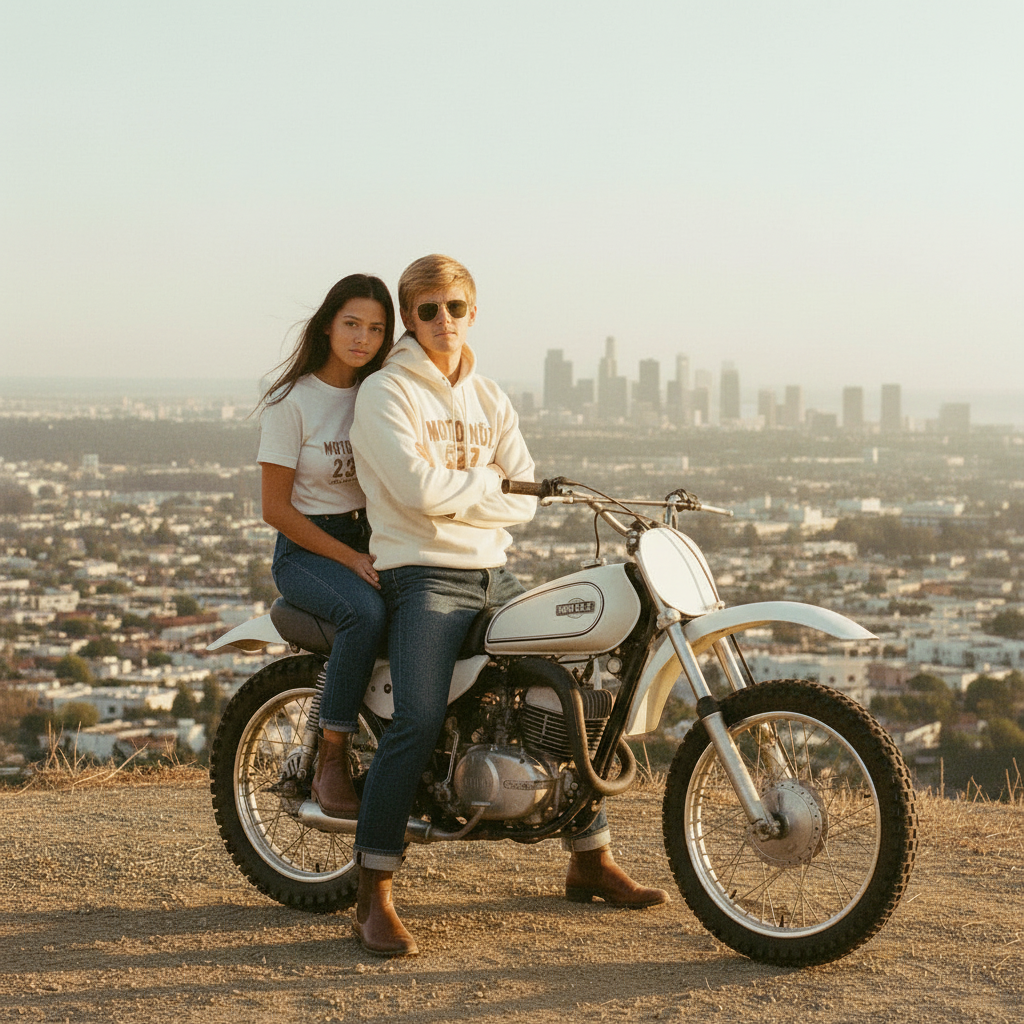 Couple on Vintage Bike with LA Skyline - Updated Male Model
