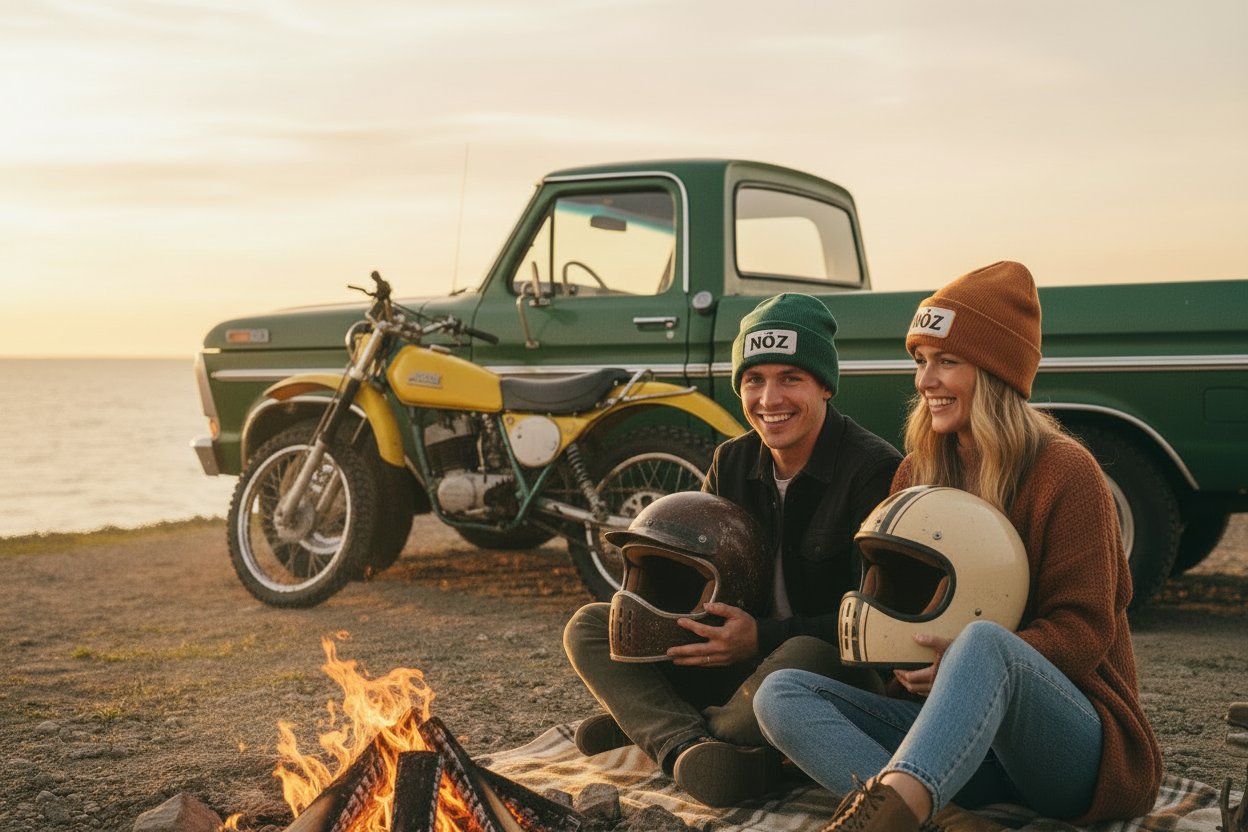 Couple with retro dirt bike helmets at waterfront campfire