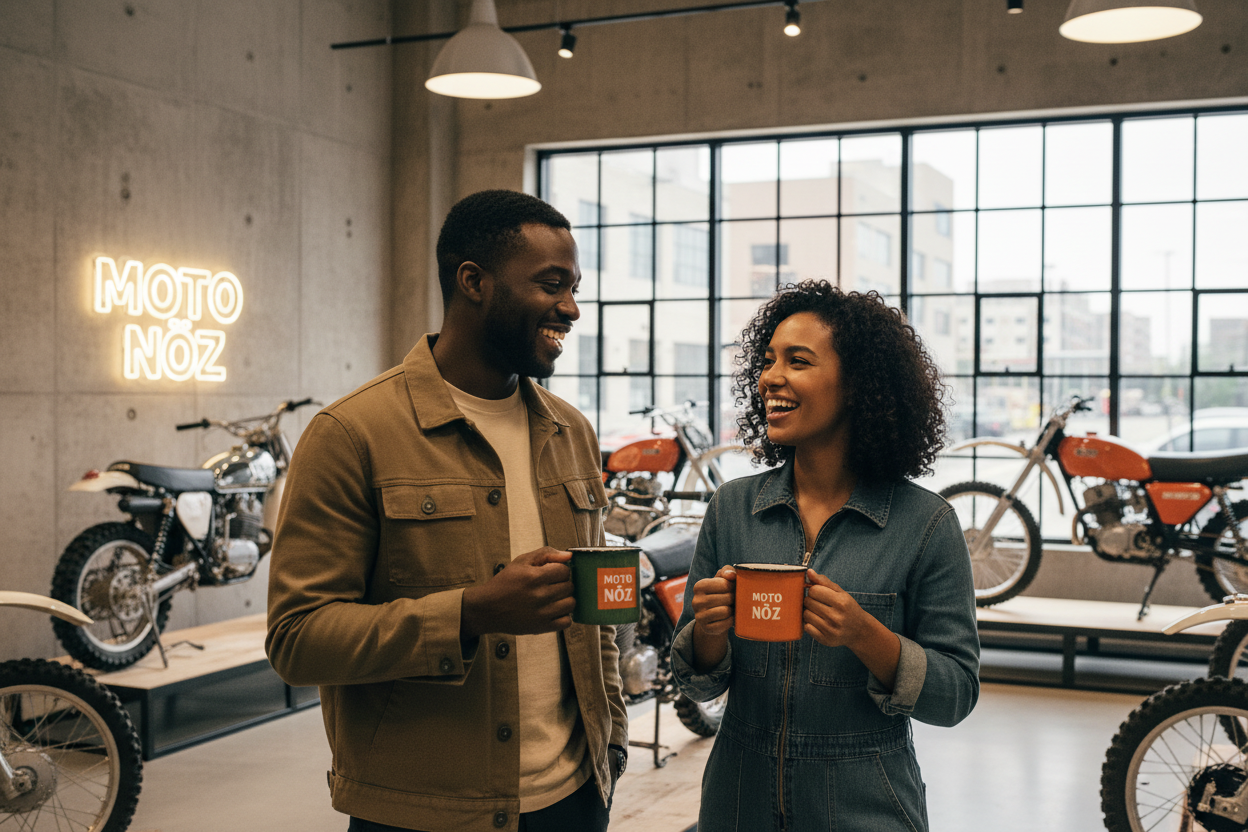Dark-Skinned Couple with MOTO NÖZ Mugs in Dirt Bike Showroom