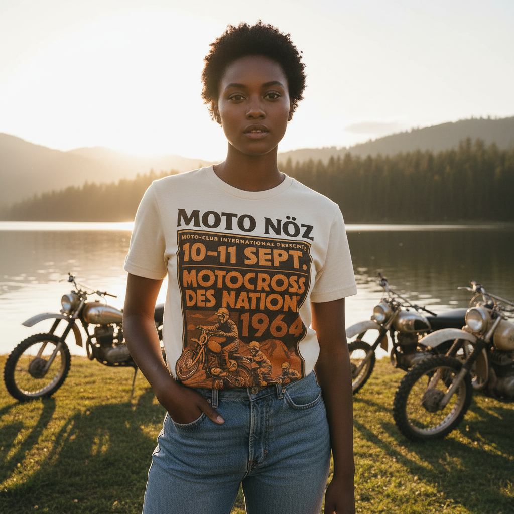 Dark-skinned female model in Nations 64 Tee with lake and vintage dirt bikes