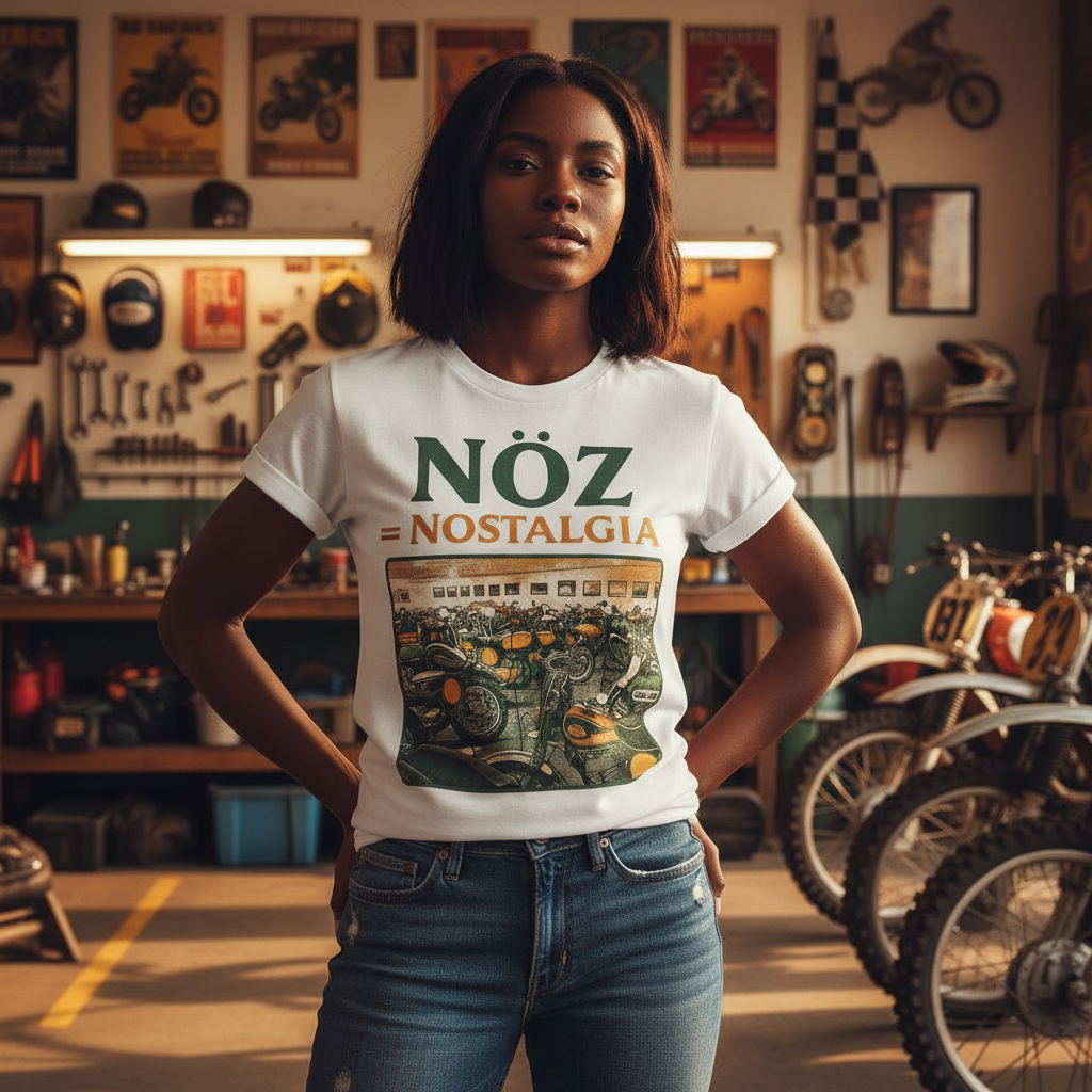 Dark-skinned female model in white NÖZ t-shirt in vintage garage