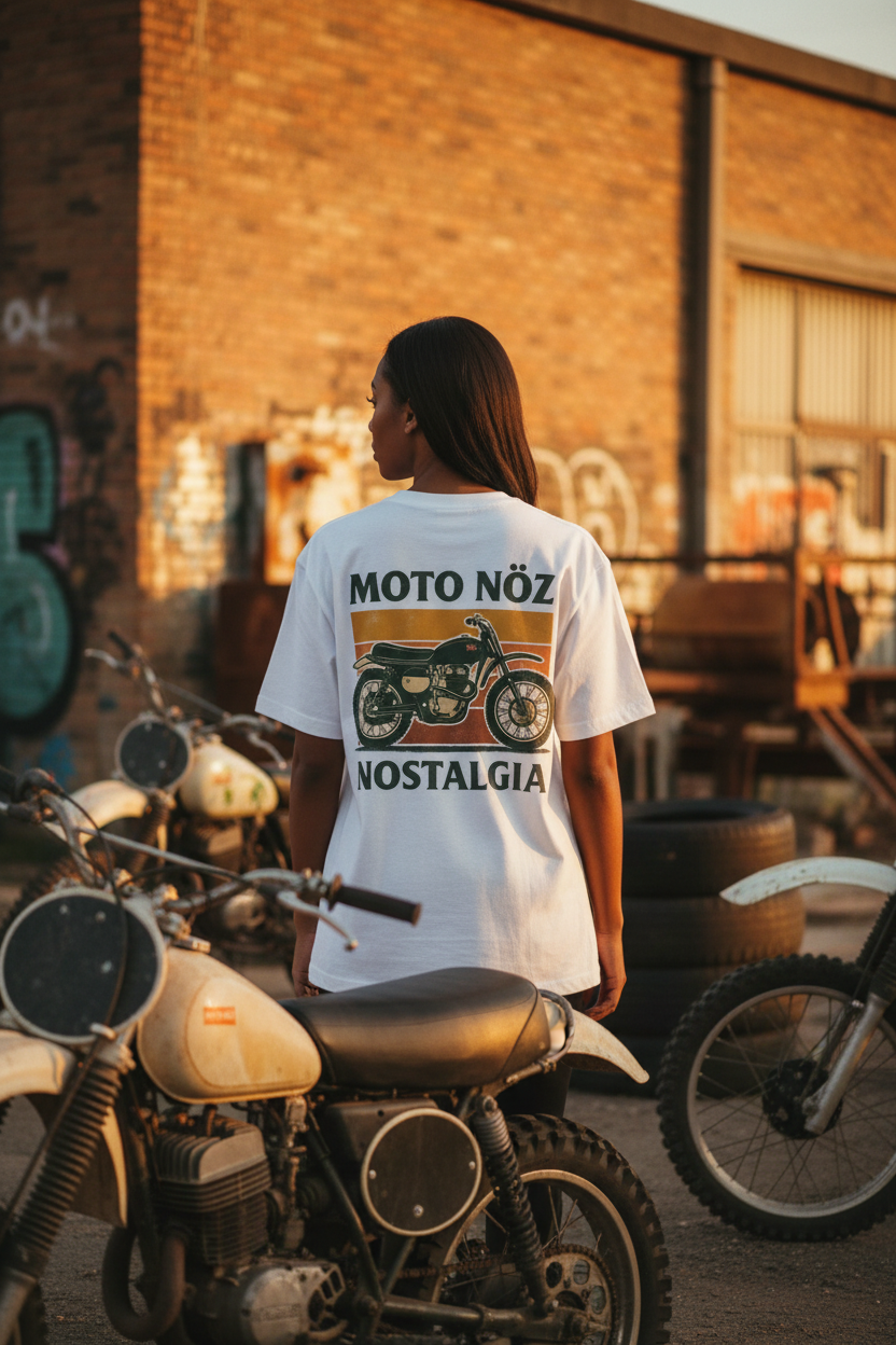 Dark-skinned female model showing back of MOTO NÖZ tee