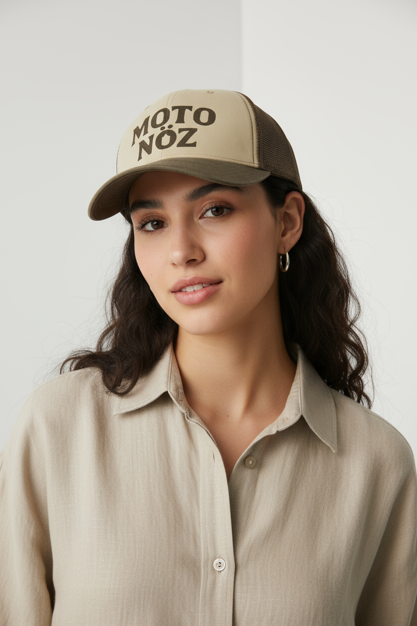 Female Hispanic model wearing MOTO NÖZ Vintage Trucker Cap 4