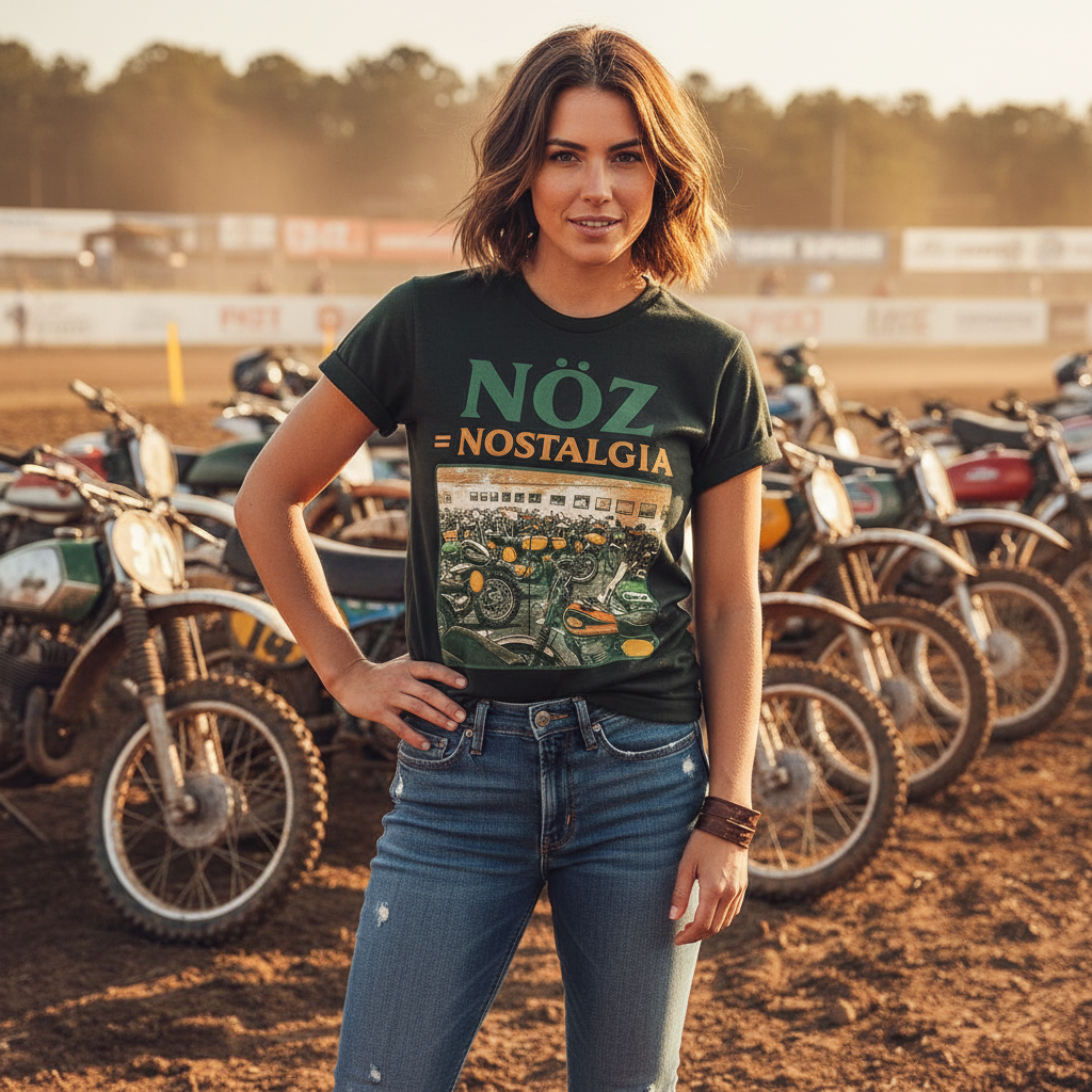 Female model in Garage Floor Tee at outdoor race track with vintage dirt bikes