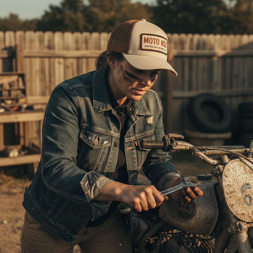 Female model in NÖZ Trucker Cap maintaining vintage dirt bike