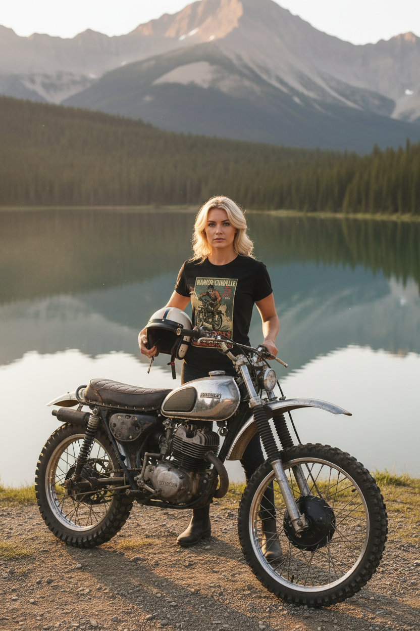Female model ready to ride with retro helmet at lakeside