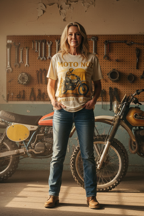 Female model wearing Last Light Moto Tee in vintage garage