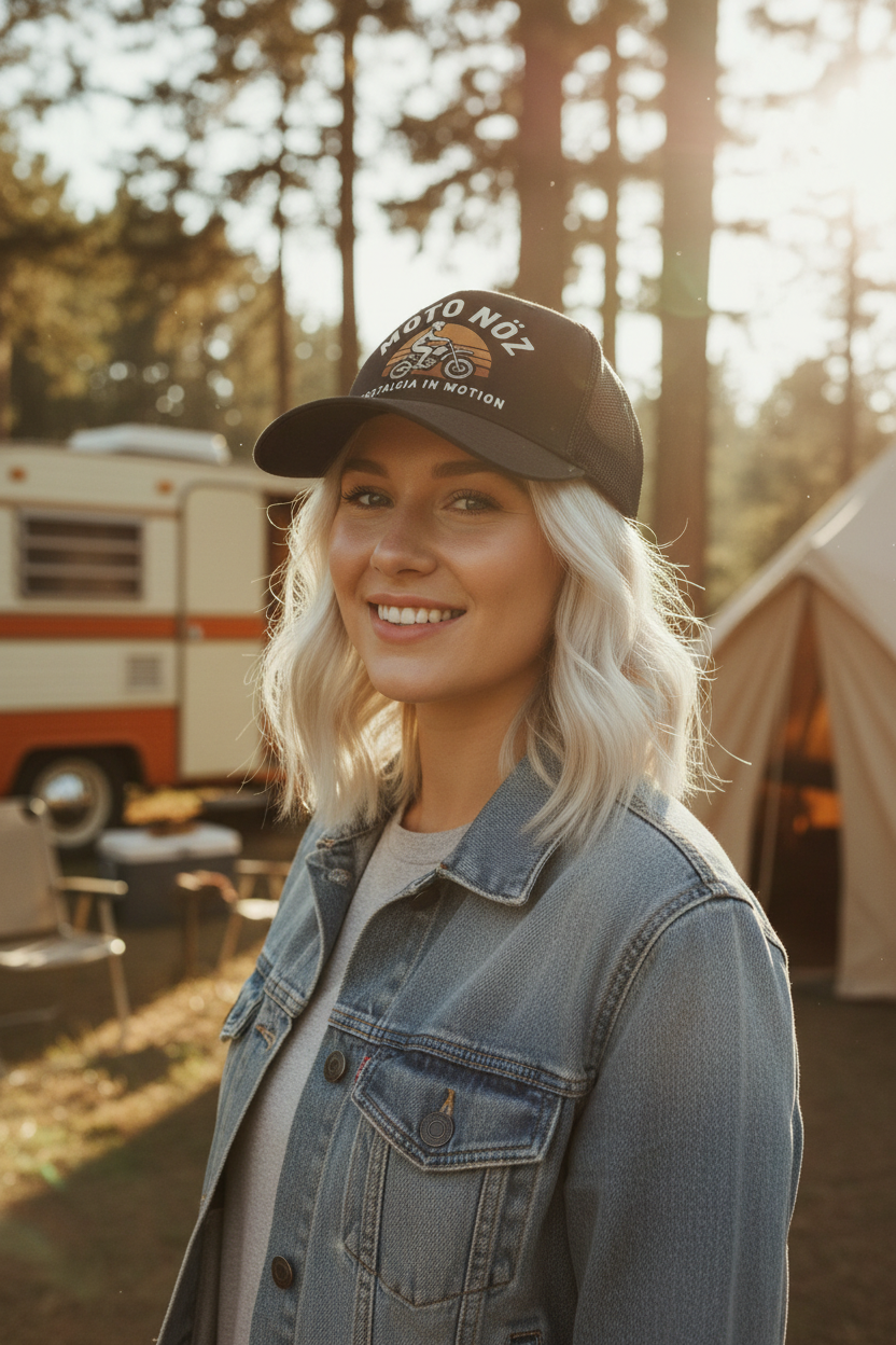 Female model wearing trucker cap with RV and tent background