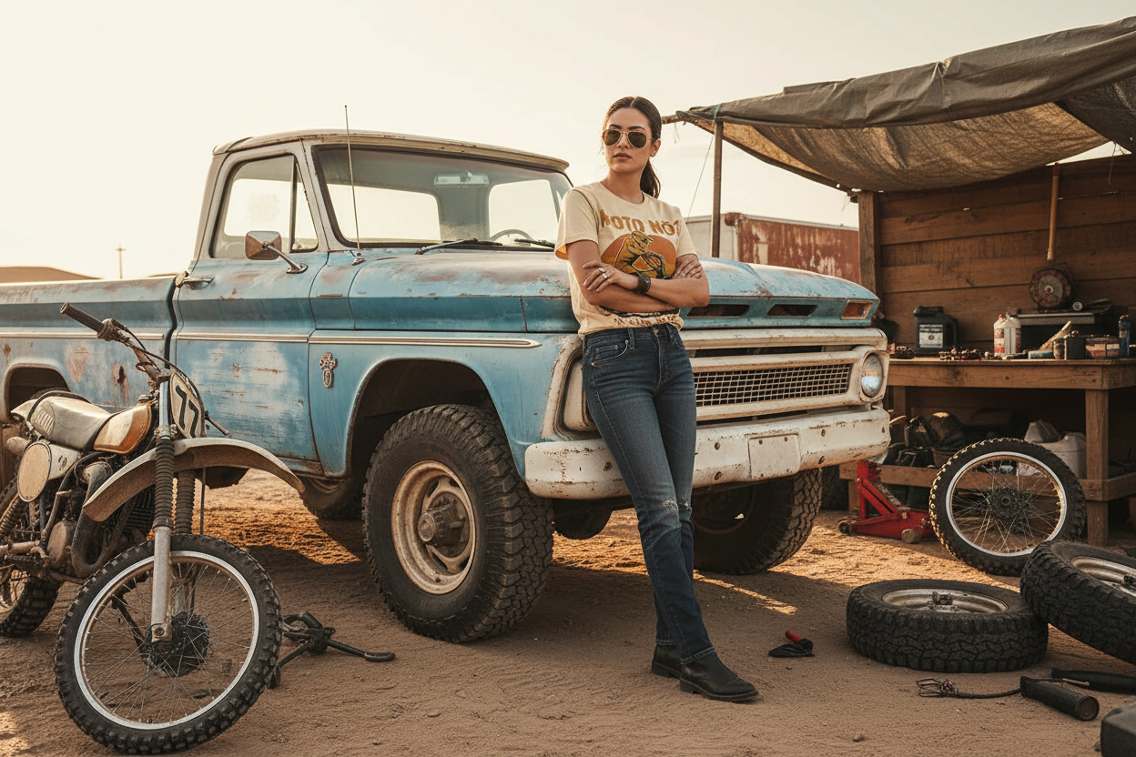 Female model with black Ride It Out Tee against Chevy truck