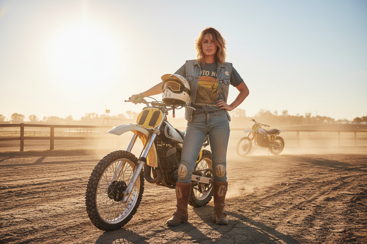 Female model with Ready Line Tee and vintage dirt bike