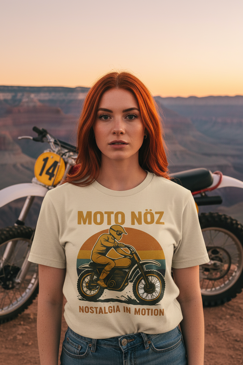 Female Model with Red Hair in Ride It Out Tee at Grand Canyon Sunset
