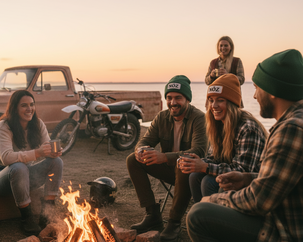 Friends at Waterfront Campfire with NÖZ Beanies