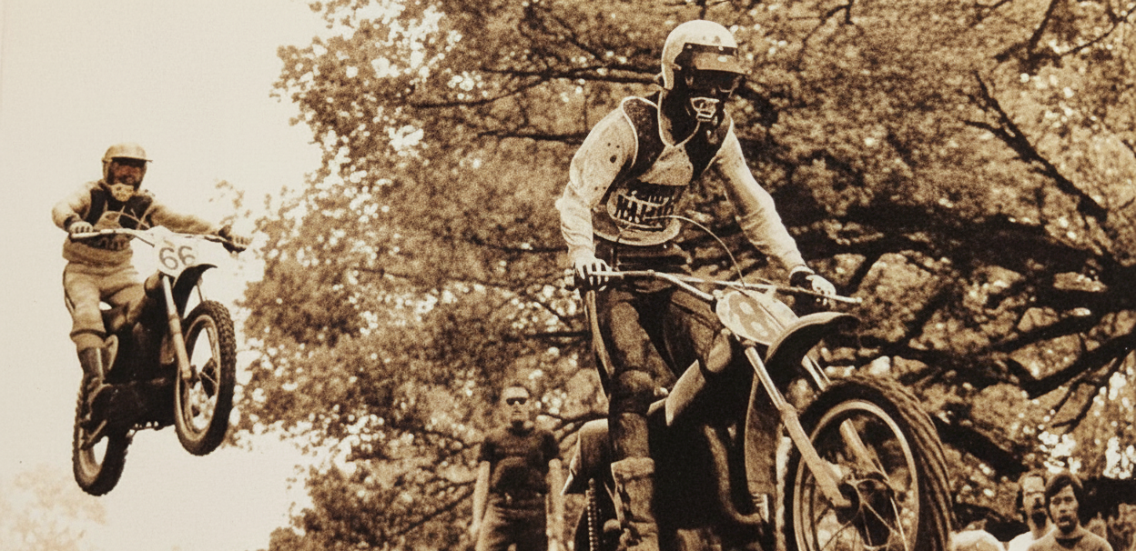 Full-color 1950s motocross racing scene