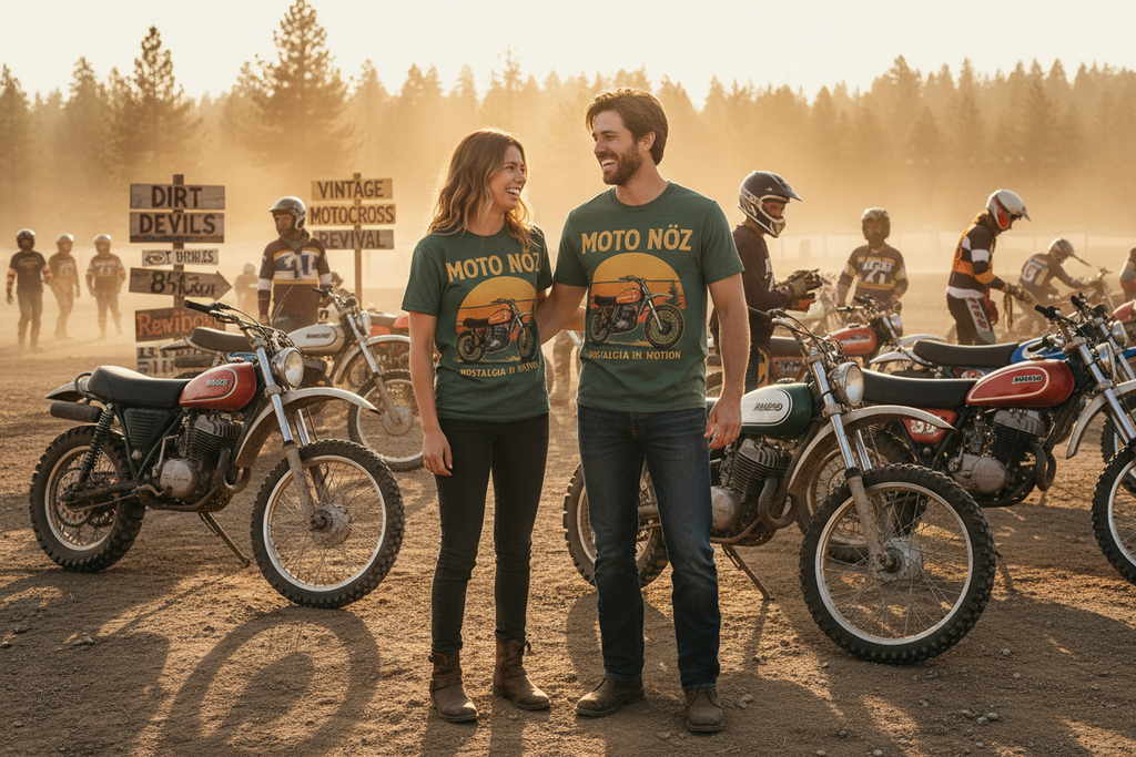 Hispanic couple wearing Golden Hour Moto Tee at dirt bike gathering
