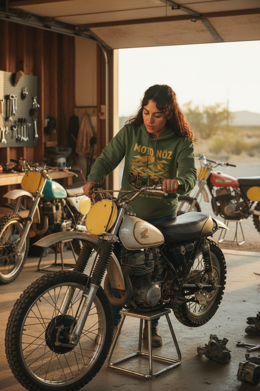 Hispanic female model inspecting retro dirt bike in garage
