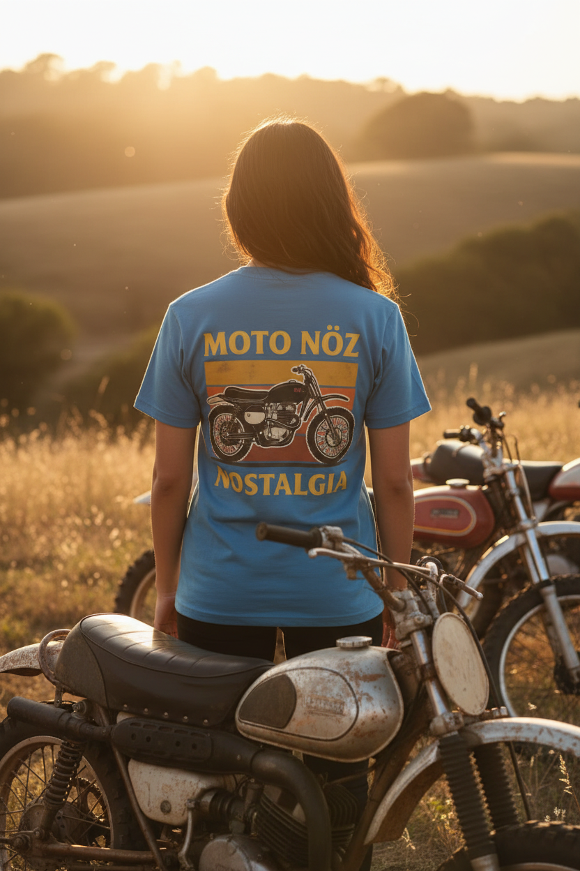 Hispanic female model showing back of MOTO NÖZ tee
