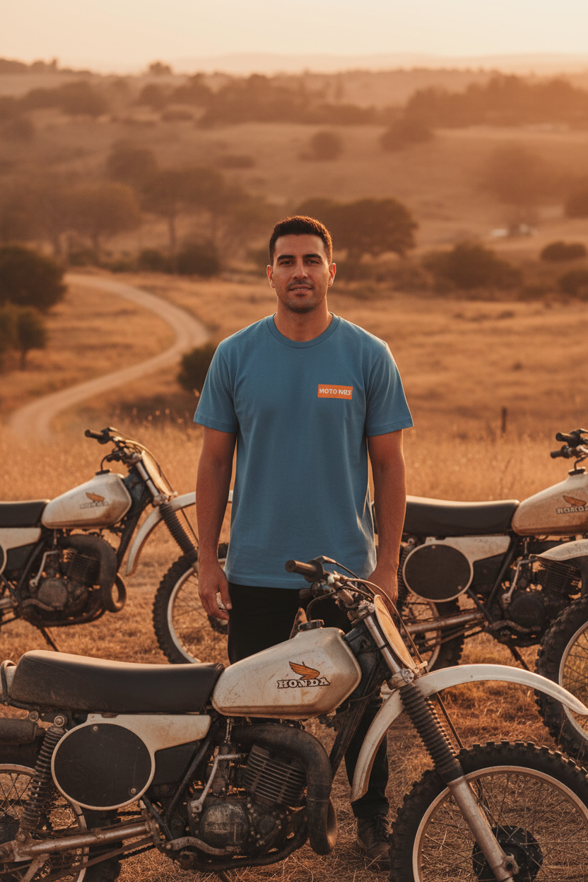 Hispanic male model showing front of MOTO NÖZ tee