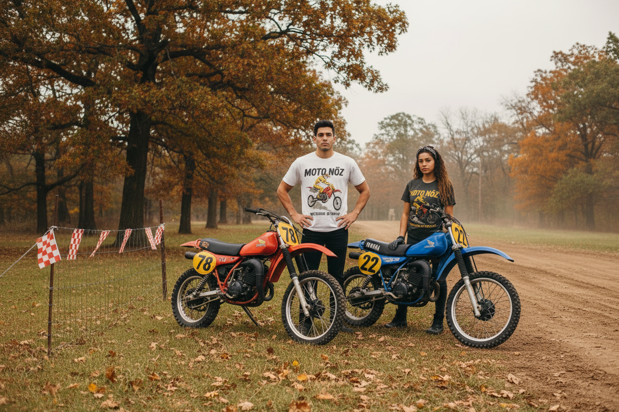 Hispanic models with white Throttle Burn Tee at fall track