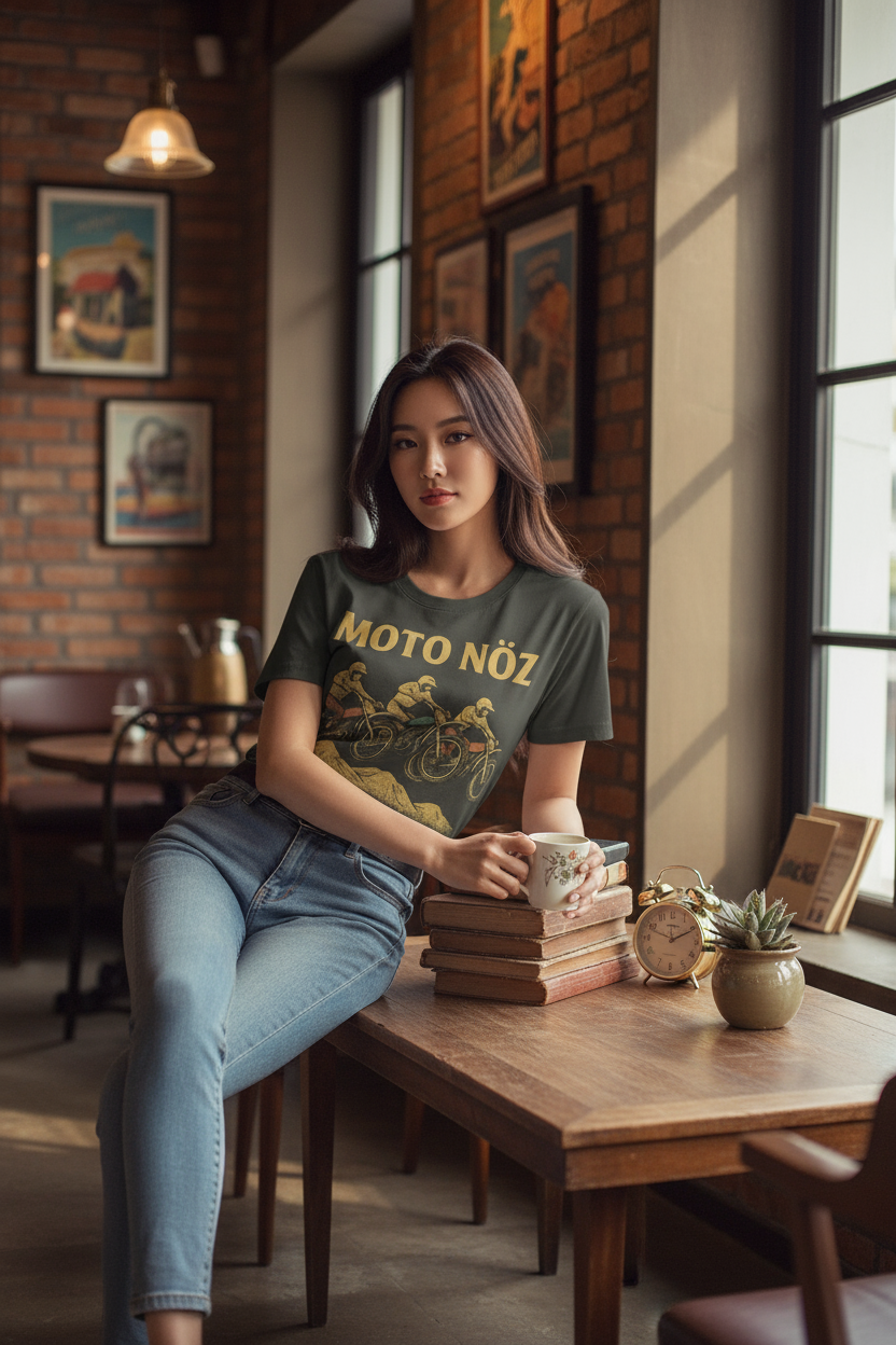 Korean female model wearing The NÖZ 5 at coffee table