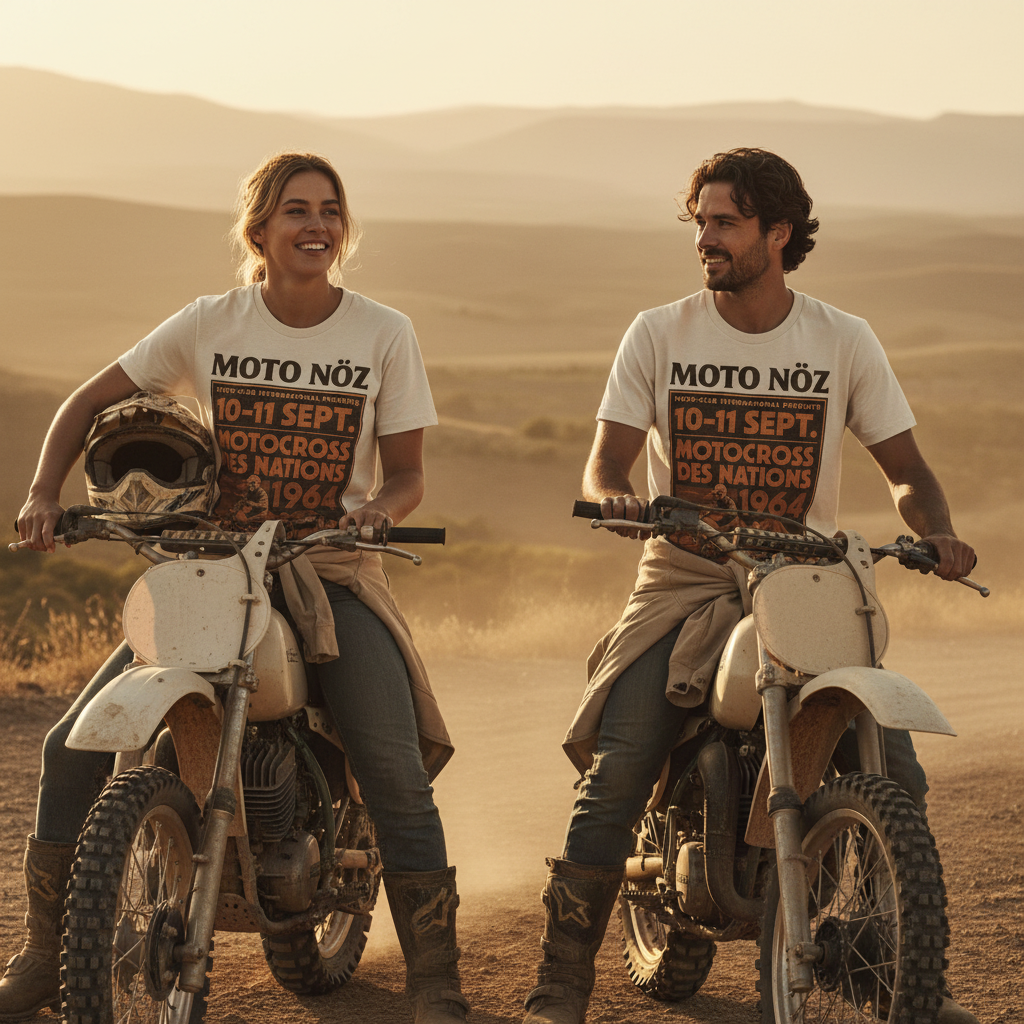 Male and female models in Nations 64 Tee on dirt bikes after riding