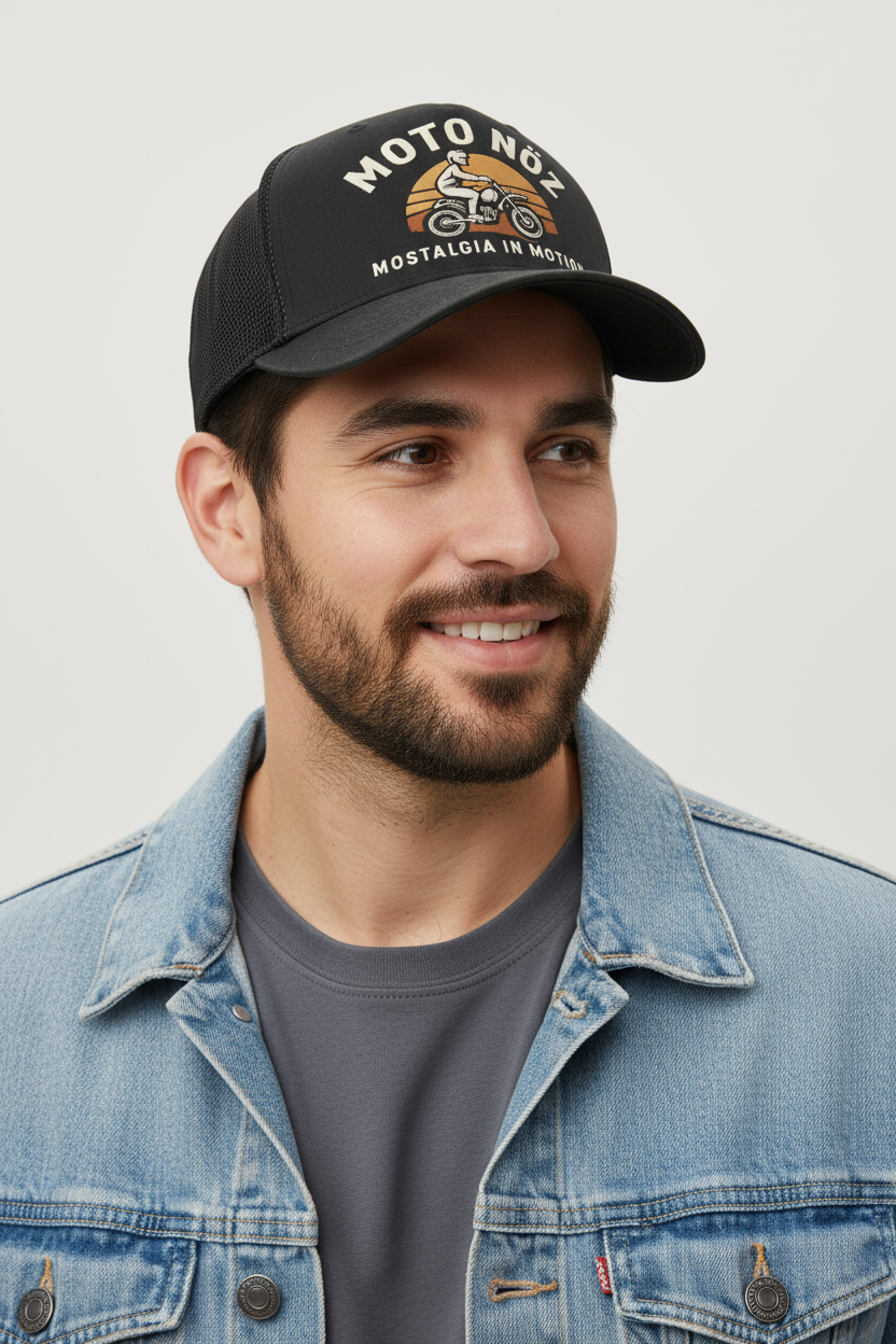 Male Hispanic model wearing MOTO NÖZ Vintage Trucker Cap 5