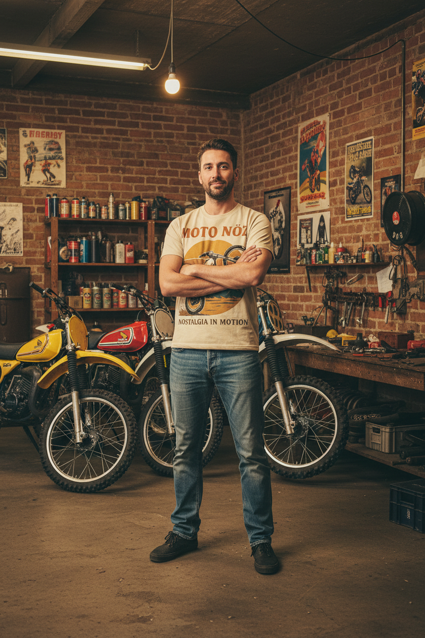 Male model in Balance Point Tee - Indoor garage setting