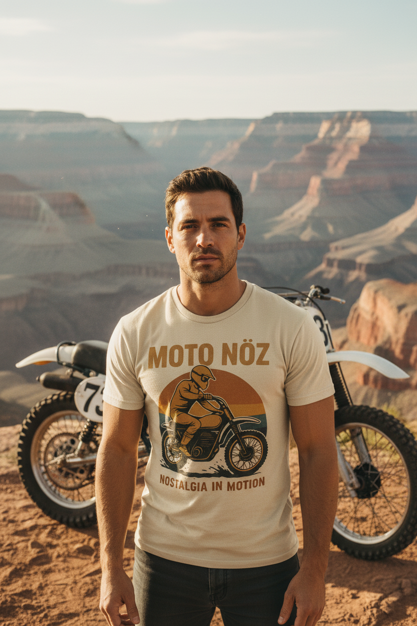 Male Model in Ride It Out Tee at Grand Canyon with Montesa Bike