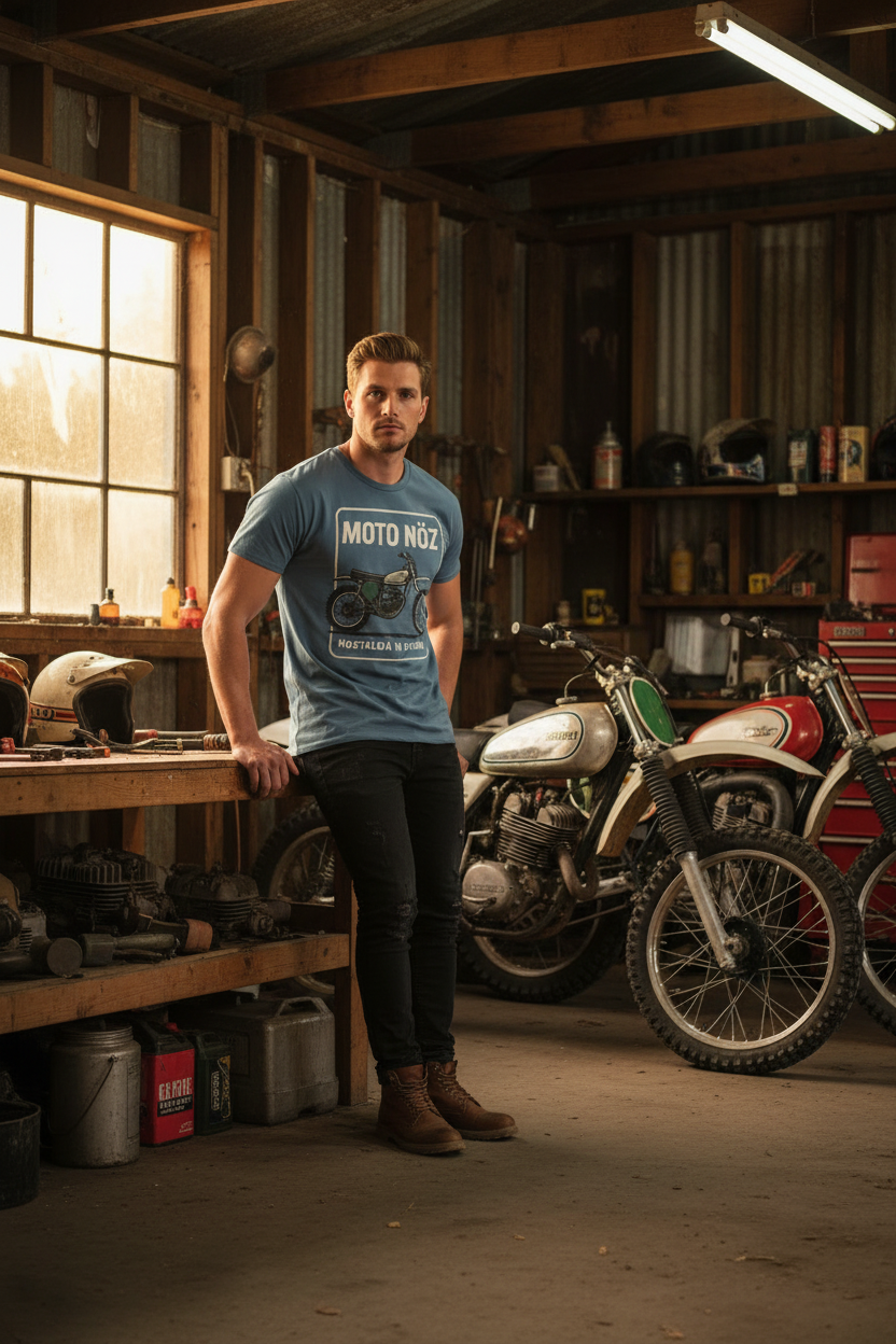 Male model in rustic indoor setting with retro dirt bikes