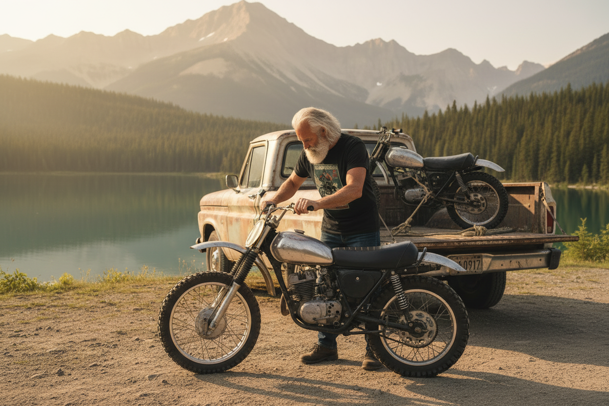 Male model inspecting dirt bike at lakeside with old truck