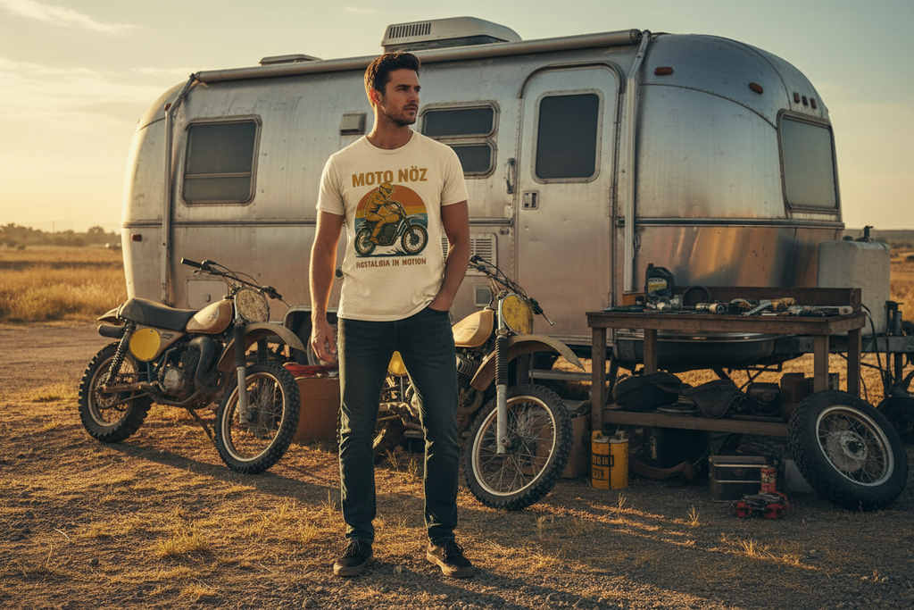 Male model wearing black Ride It Out Tee with RV and dirt bikes