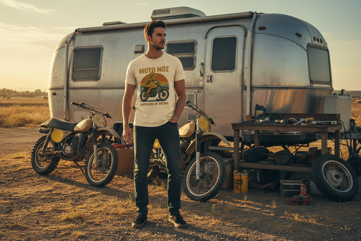 Male model wearing black Ride It Out Tee with RV and dirt bikes