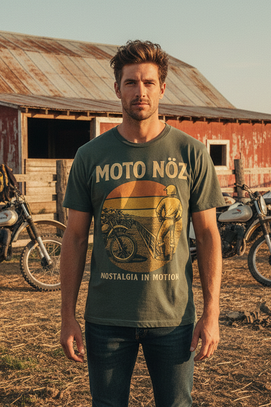 Male model wearing Ready Line Tee in American horse yard