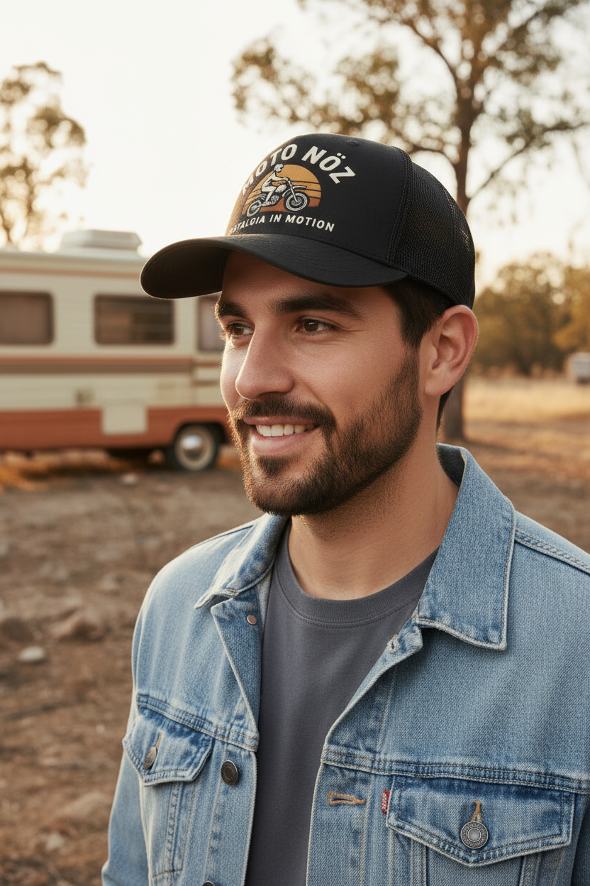 Male model wearing trucker cap with RV background