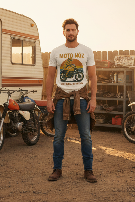 Male model wearing white Ride It Out Tee with RV and dirt bikes