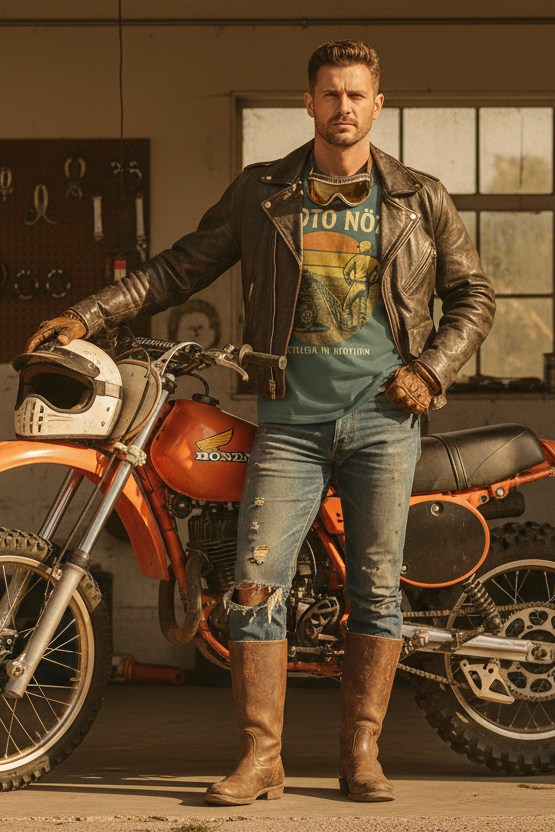 Male model with Ready Line Tee and retro dirt bike
