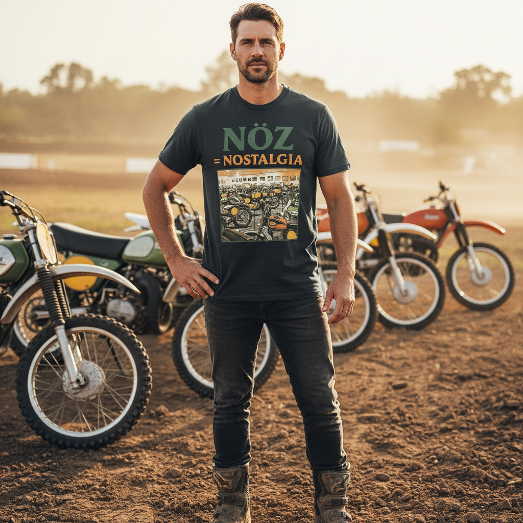 Model in Garage Floor Tee at outdoor race track with vintage dirt bikes
