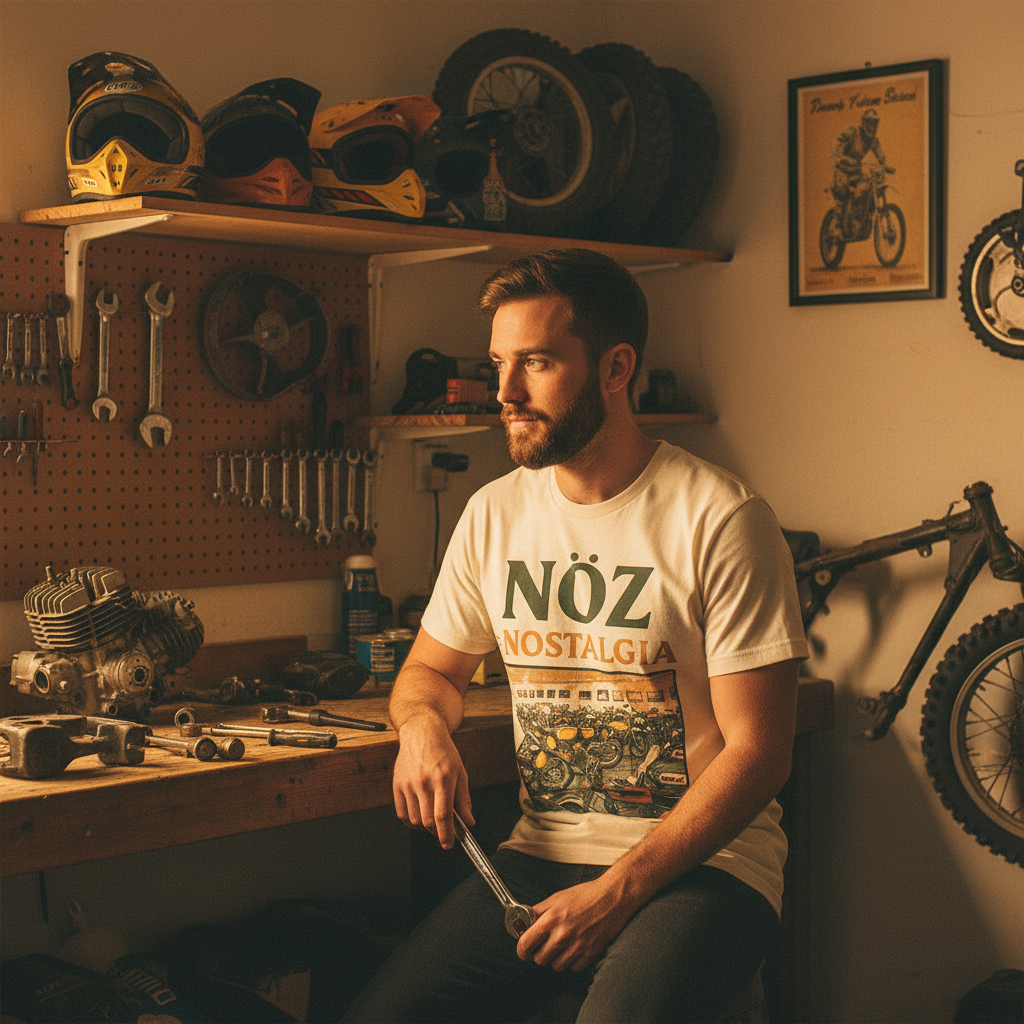 Model in Garage Floor Tee in indoor garage setting