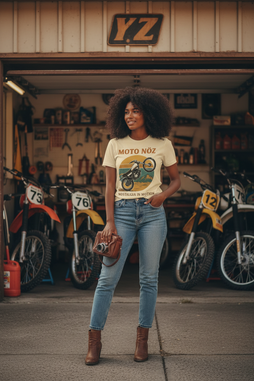 Model with outdoor retro dirt bike garage background