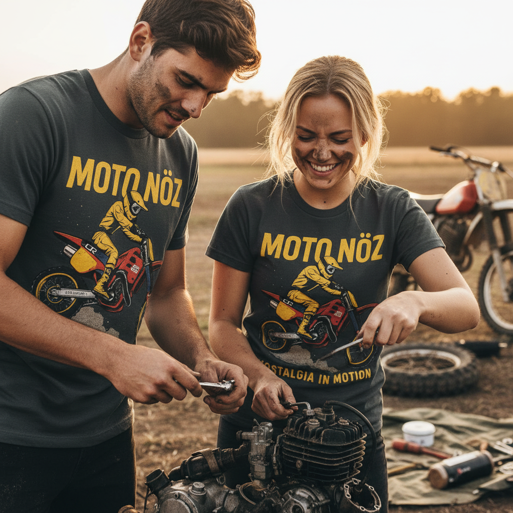 Models in Throttle Burn Tee maintaining dirt bikes with dirt and oil splashes