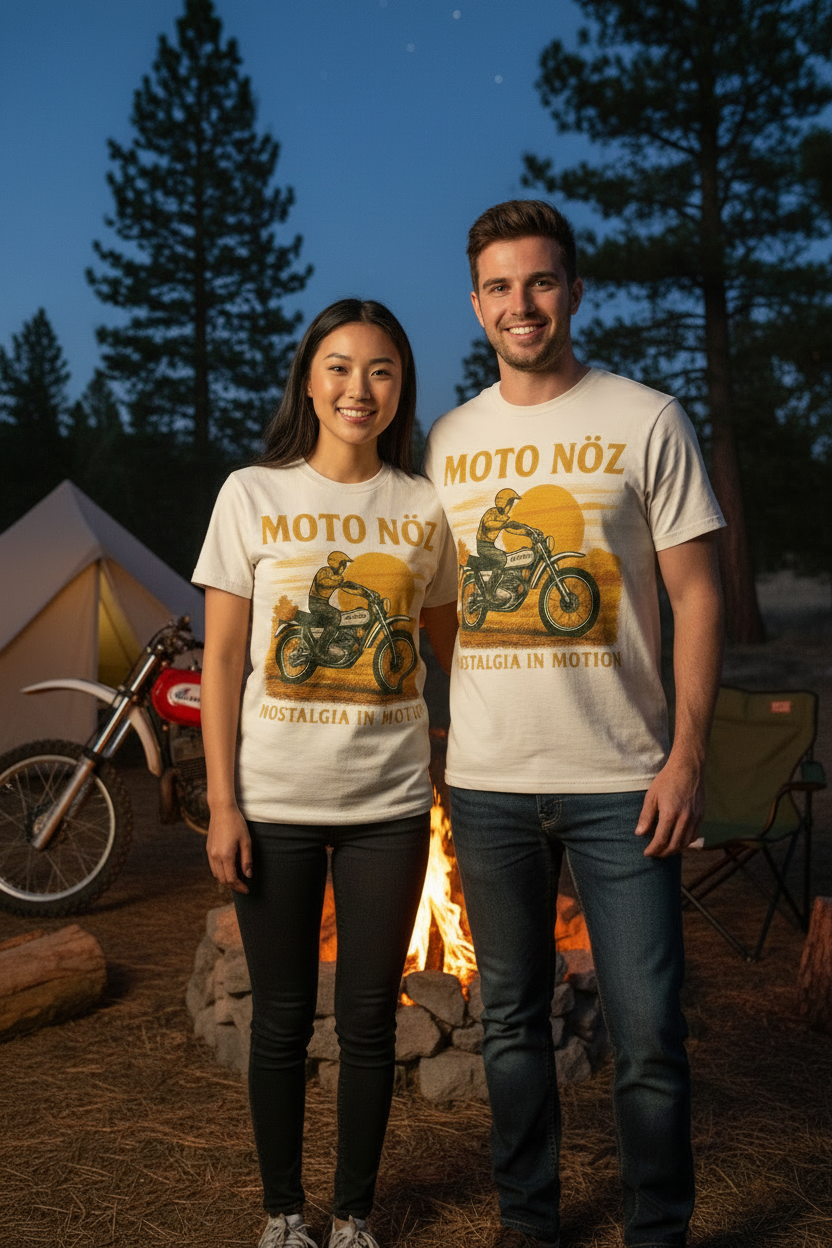 MOTO NÖZ campfire lifestyle image with vintage dirt bike