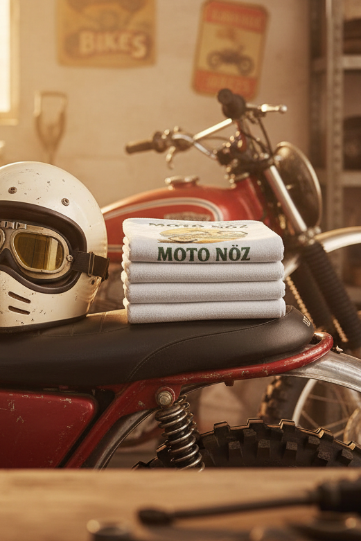 MOTO NÖZ Heritage Towels on vintage dirt bike seat with helmet and goggles