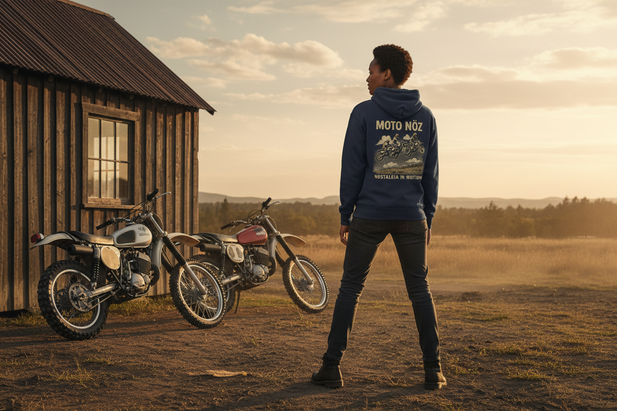 MOTO NÖZ Navy Hoodie Female Model Cabin