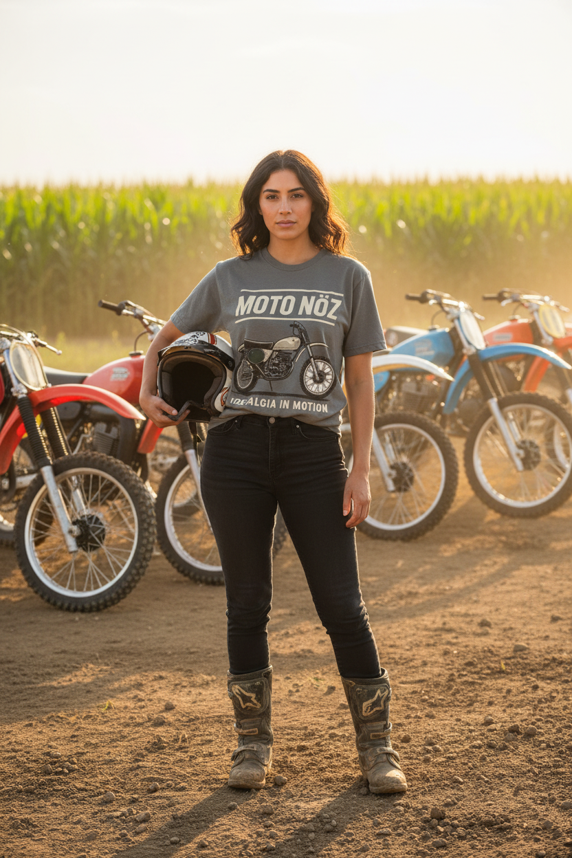 MOTO NÖZ T-Shirt Female Model on Dirt Track
