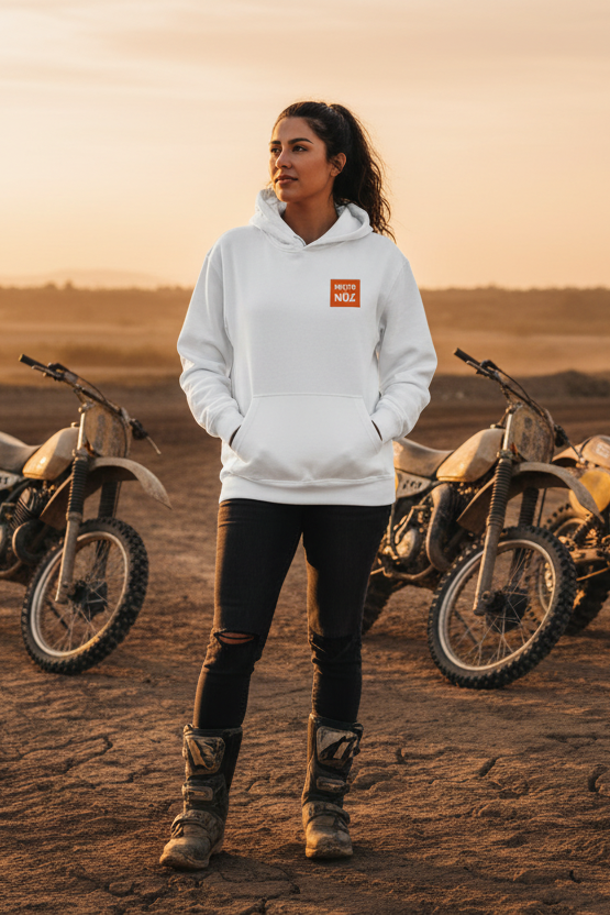 MOTO NÖZ White Hoodie Hispanic Female Model
