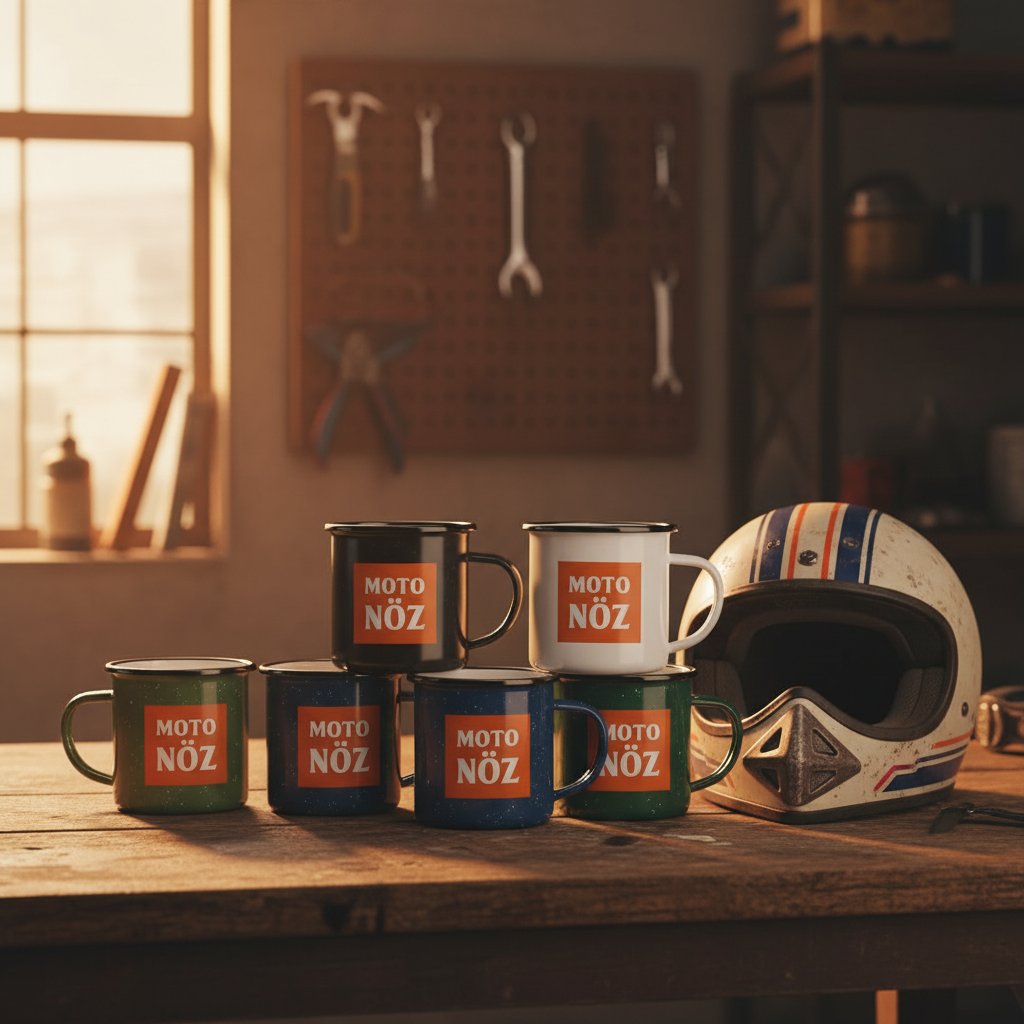 NÖZ Mugs in various colors with orange logo and vintage helmet